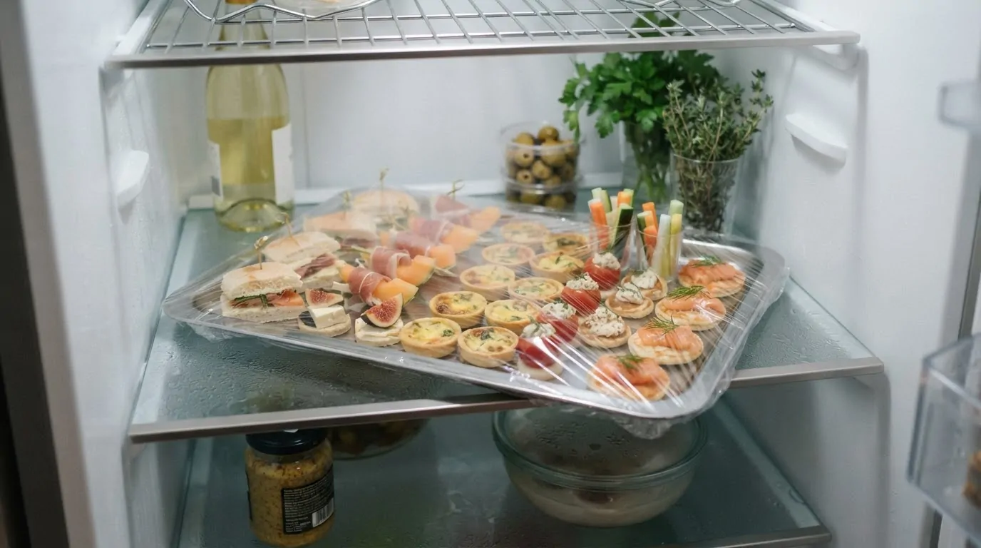 Bouchées au foie gras préparées la veille au frais Plateau de bouchées couvert au réfrigérateur pour une préparation la veille