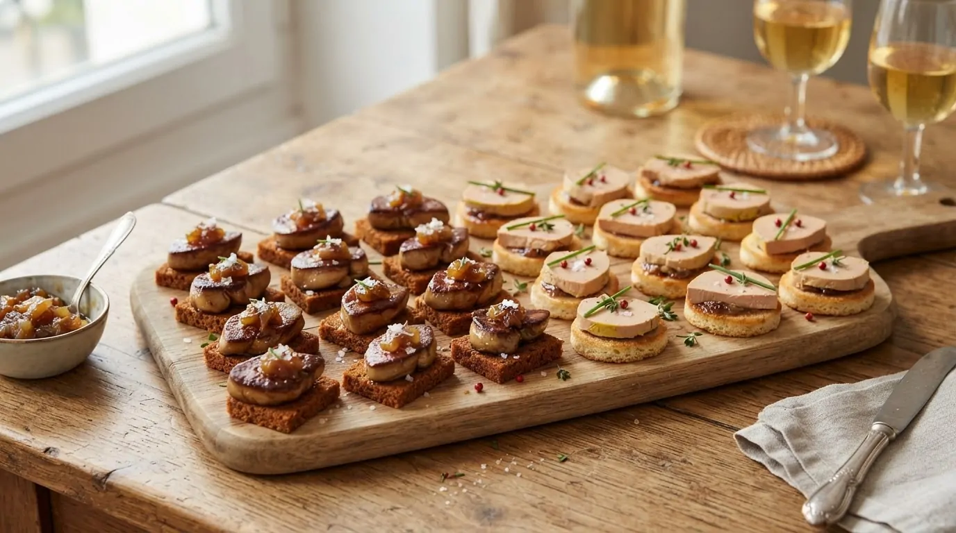 Bouchées au foie gras servies en apéritif Plateau de bouchées au foie gras sur pain d'épices et brioche pour un apéritif