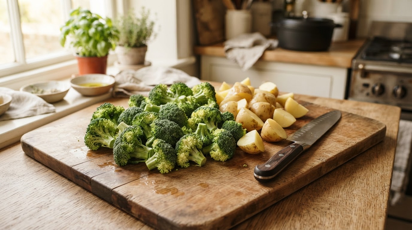 Brocolis et pommes de terre à cuire Fleurettes de brocoli et morceaux de pommes de terre prêts à cuire sur une planche