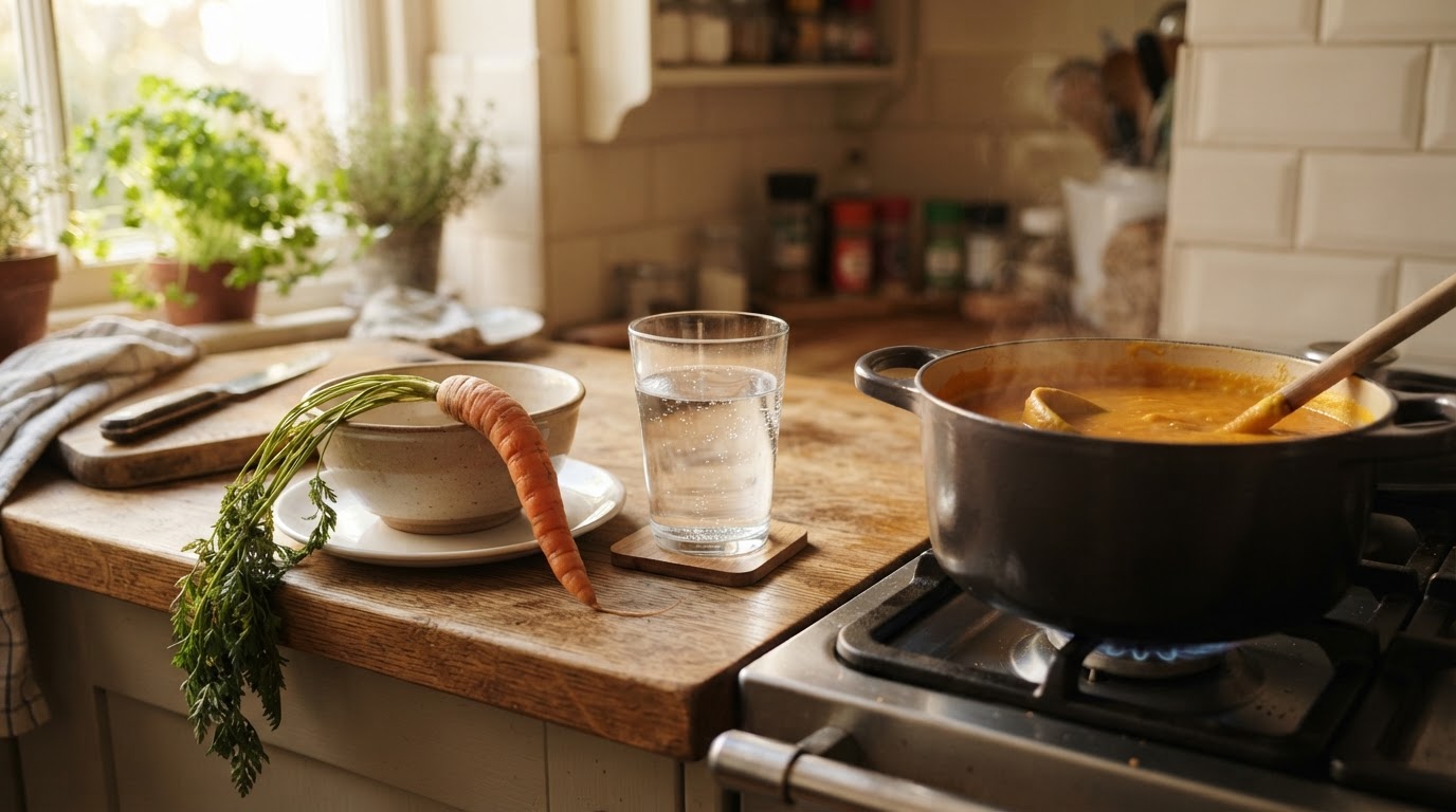 Carotte ramollie et verre d’eau Carotte ramollie posée près d'un verre d'eau et d'une casserole de soupe de carottes