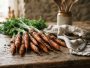 Fresh, unpeeled carrots placed on a wooden kitchen table with a linen tea towel