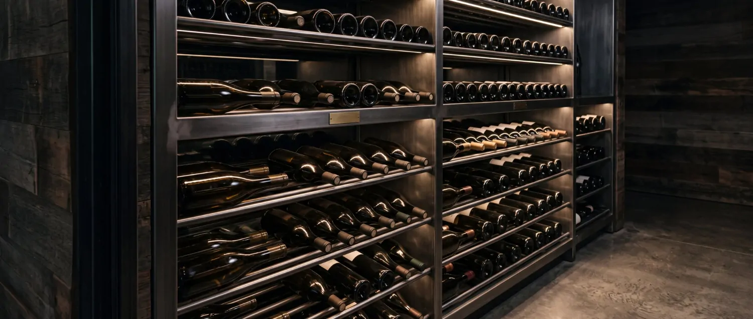 Bodega moderna con estantes llenos de botellas de vino de diversos tipos Bodega moderna con estantes llenos de botellas de vino de diversos tipos