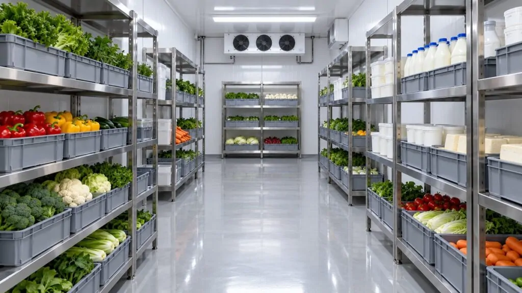 Interior of a clean, professional cold room with tidy stainless steel shelving and a clear central aisle