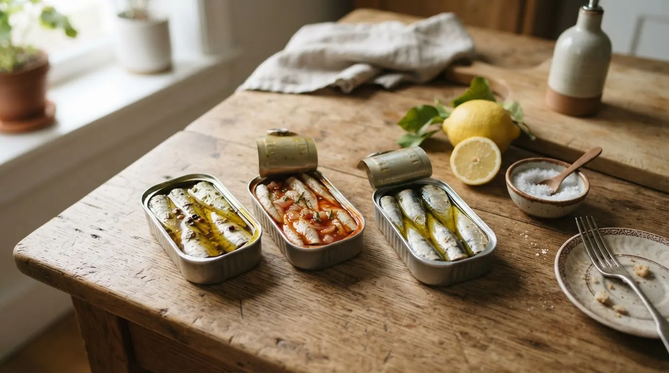 Choisir sa boîte de sardines selon la recette Plusieurs boîtes de sardines ouvertes à l'huile, en filets et à la tomate sur une table en bois
