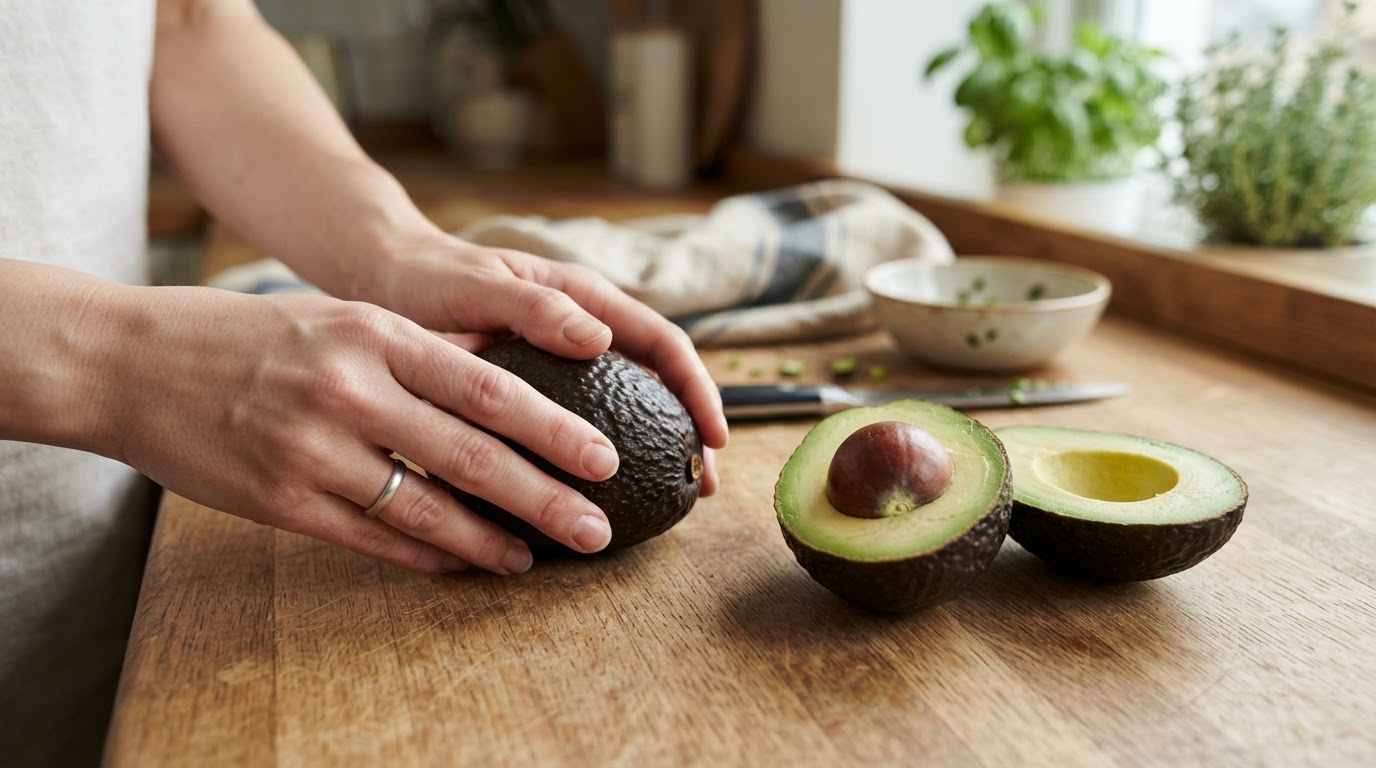 Choisir un avocat mûr à point Avocat Hass pressé doucement pour tester sa maturité à côté d'un avocat coupé