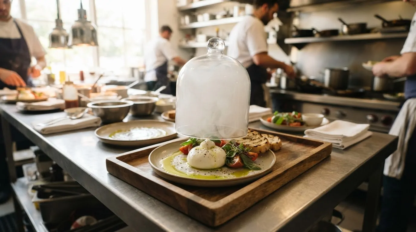 Cloche de fumage minute au restaurant Cloche en verre remplie de fumée blanche posée sur une assiette de burrata dans une cuisine de restaurant