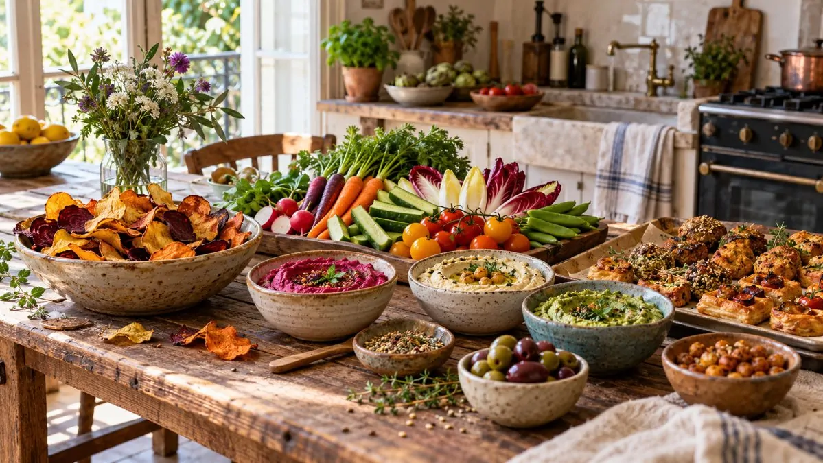 Composer un apéritif vegan avec quatre textures Table rustique avec dips, chips de légumes, crudités et bouchées chaudes variées