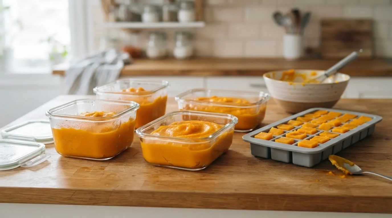 Portions de purée de carottes rangées dans des boîtes en verre et un bac à glaçons pour la congélation