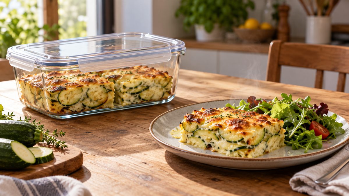 Store and reheat the courgette gratin Leftover zucchini gratin from an airtight container and a portion reheated on a plate