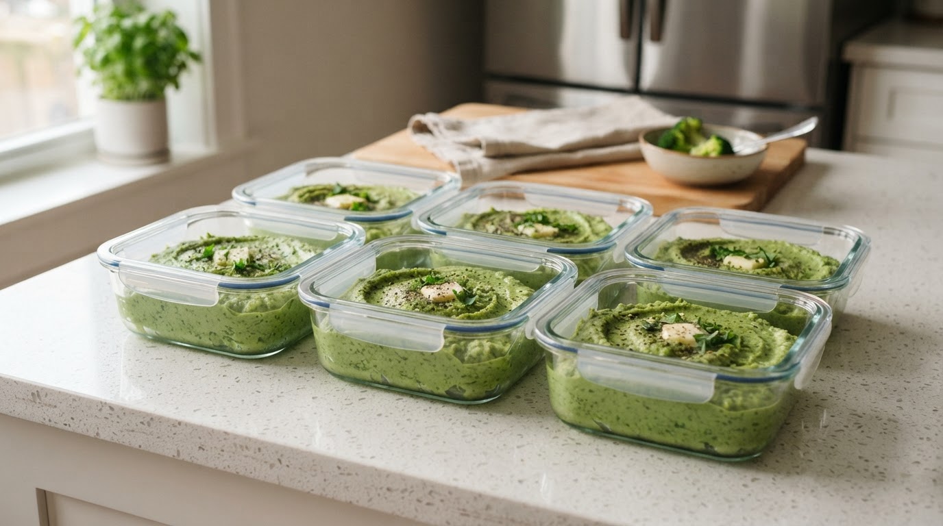 Conserver la purée de brocolis Portions de purée de brocolis rangées dans des boîtes en verre pour la conservation