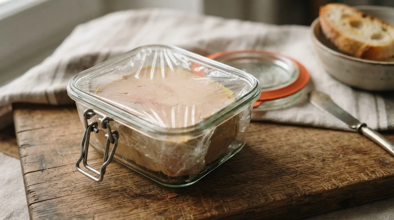 Conserver un foie gras entamé au réfrigérateur Foie gras entamé protégé par un film plastique dans une petite boîte hermétique