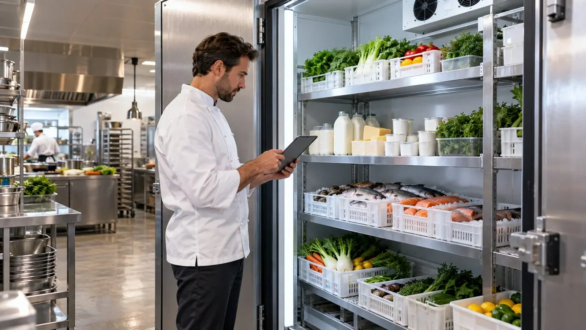 Contrôle du stock dans une chambre froide neuve Cuisinier en tenue blanche vérifiant le stock de bacs rangés dans une chambre froide propre et lumineuse