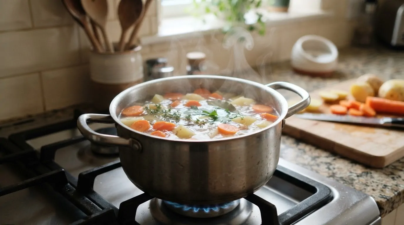Casserole contenant des rondelles de carottes et des morceaux de pommes de terre en cours de cuisson