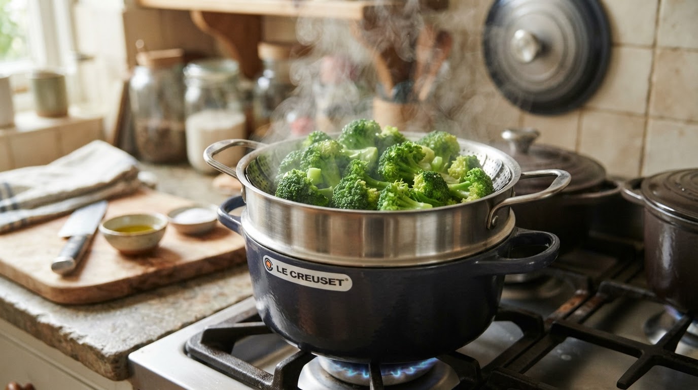Cuisson vapeur des brocolis Brocolis vert vif en cuisson vapeur dans un panier au-dessus d'une casserole