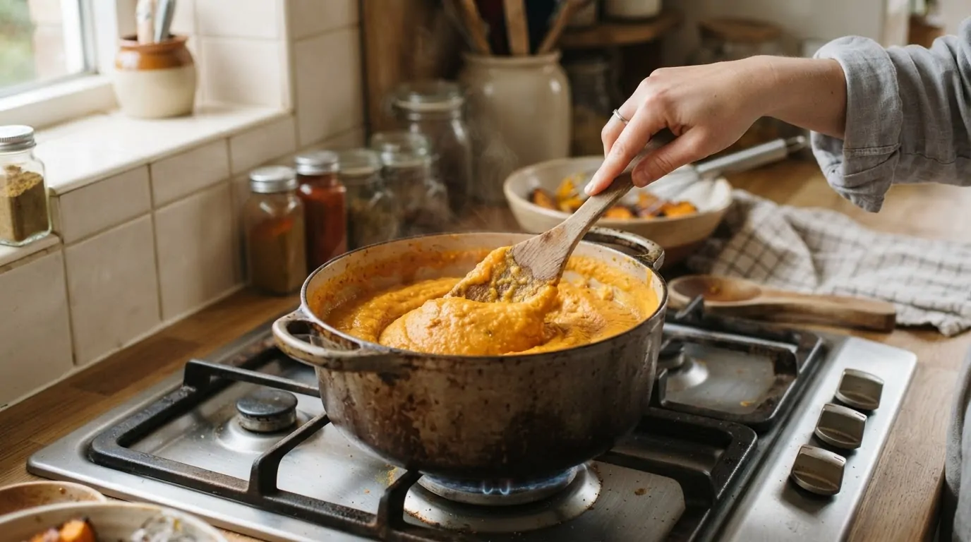Purée de carottes remuée à la spatule dans une casserole à fond épais pour évaporer l'excès d'eau