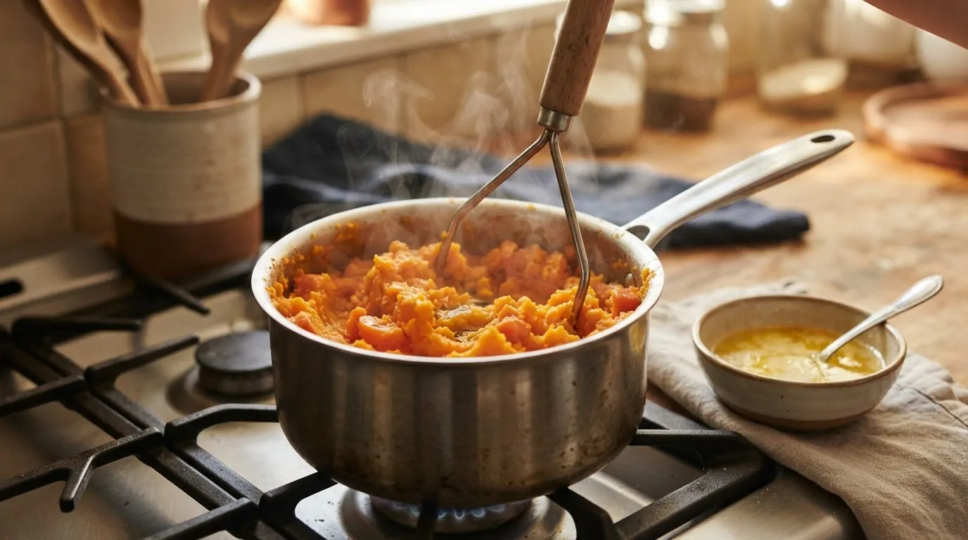 Presse-purée écrasant carottes et pommes de terre chaudes dans une casserole avec une noix de beurre