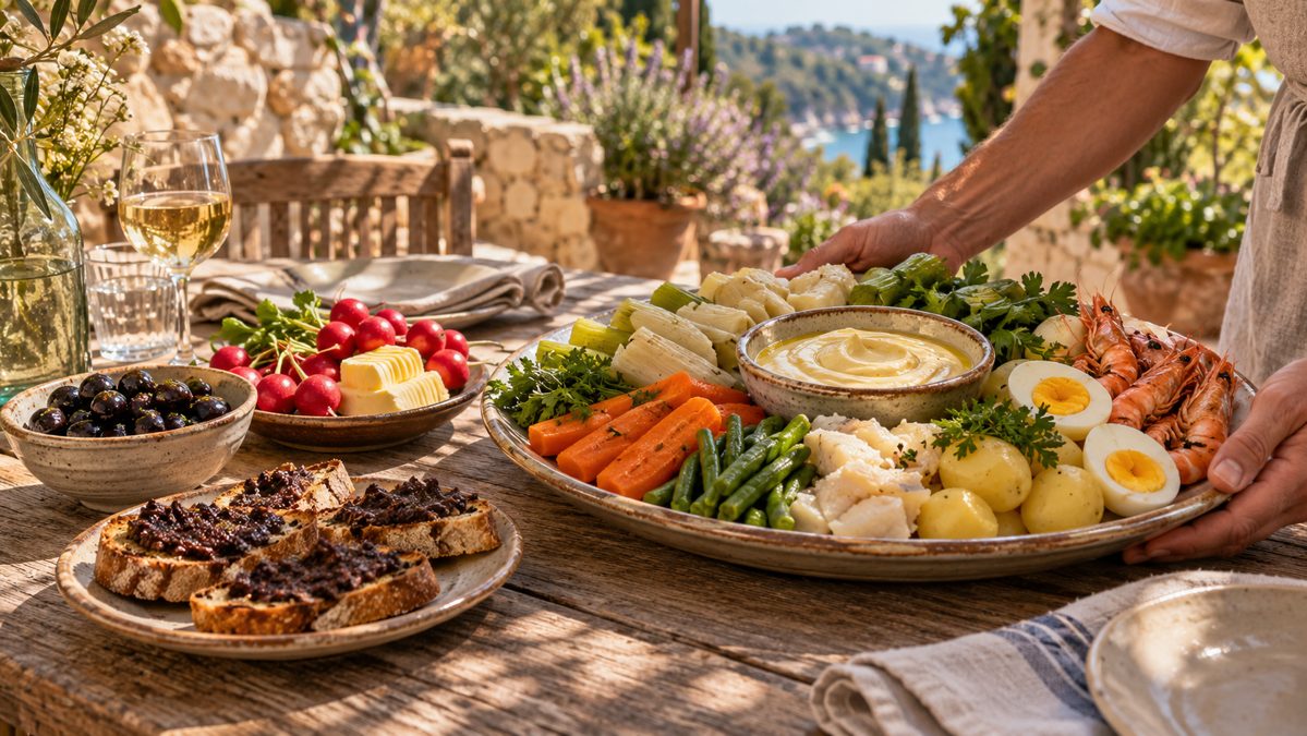Entrée avant aïoli : olives, radis et tapenade Olives, radis et tapenade sur pain grillé servis avant un grand aïoli provençal