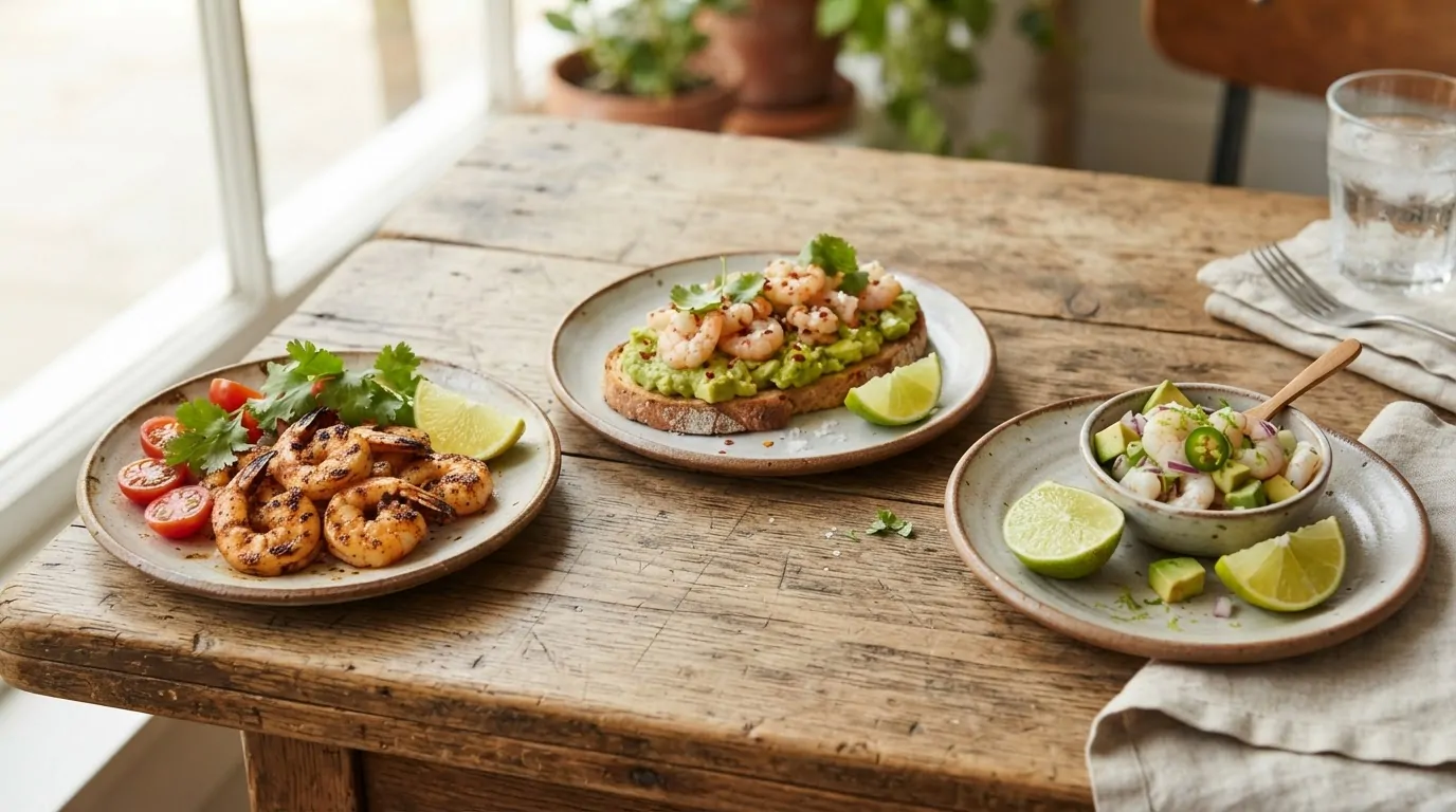 Entrées à l'avocat dressées sur table Assiettes d'entrées à l'avocat, crevettes et citron vert sur une table en bois