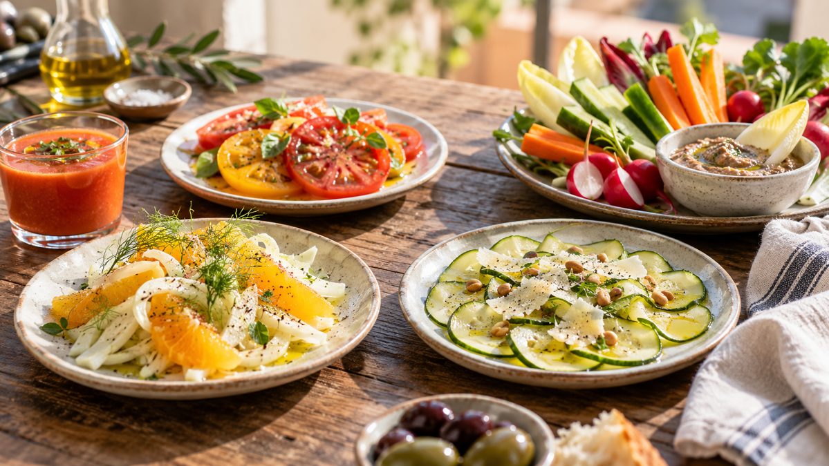 Entrées légères avant un aïoli : 6 idées Assiettes d'entrées légères : fenouil orange, tomates, carpaccio de courgette, crudités et gaspacho