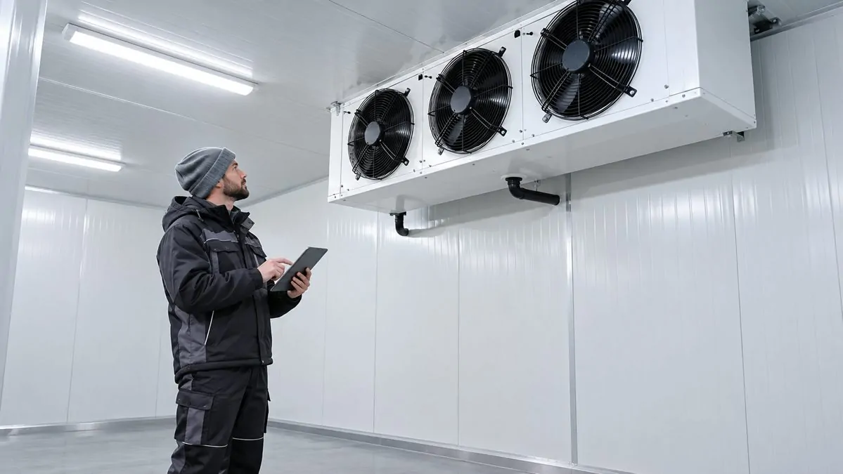 Évaporateur et panneaux isolants d'une chambre froide neuve Technicien contrôlant l'évaporateur d'une chambre froide neuve au-dessus de panneaux isolants blancs épais