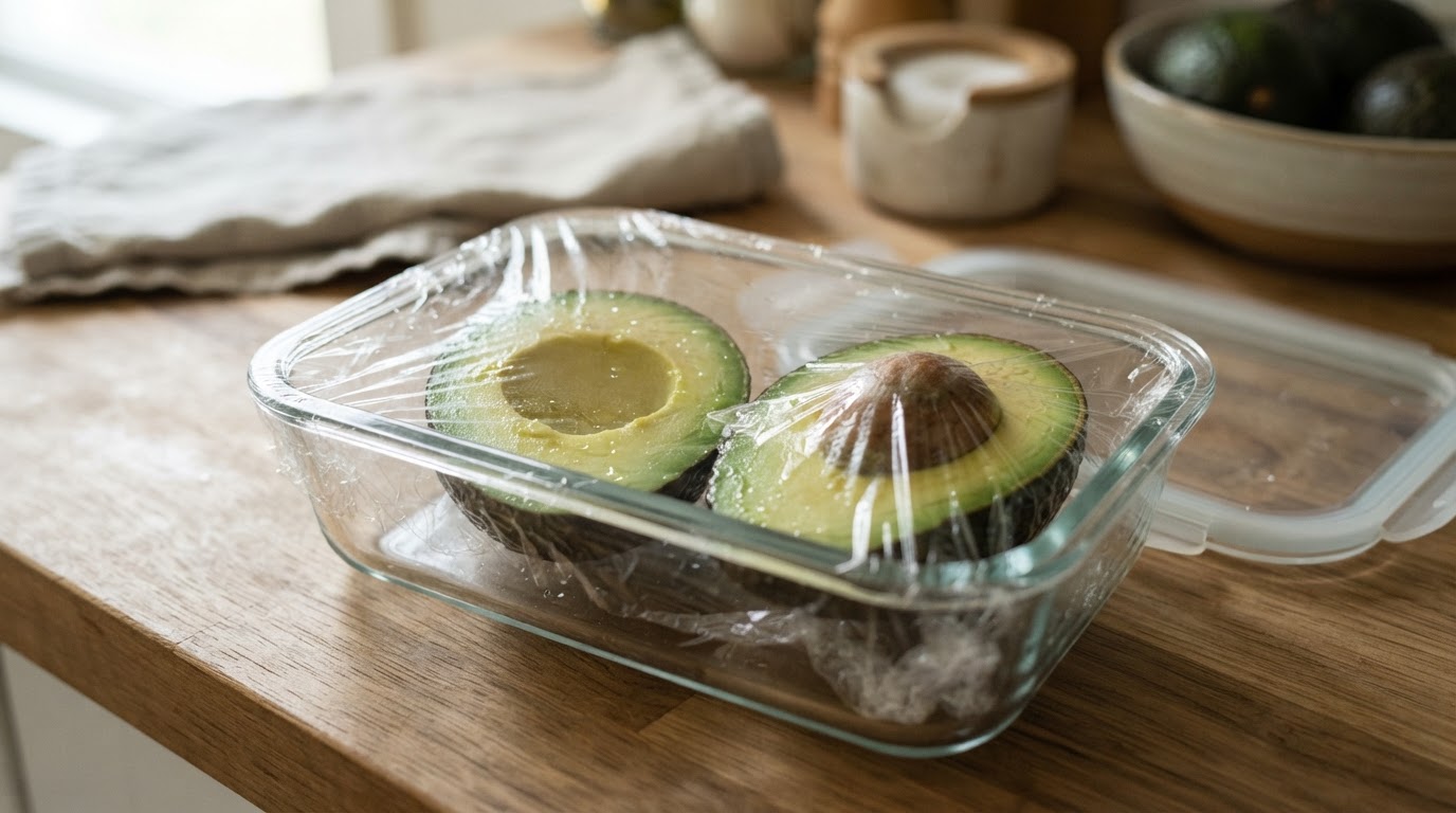 Éviter que l'avocat noircisse Moitiés d'avocat citronnées recouvertes de film alimentaire dans une boîte en verre