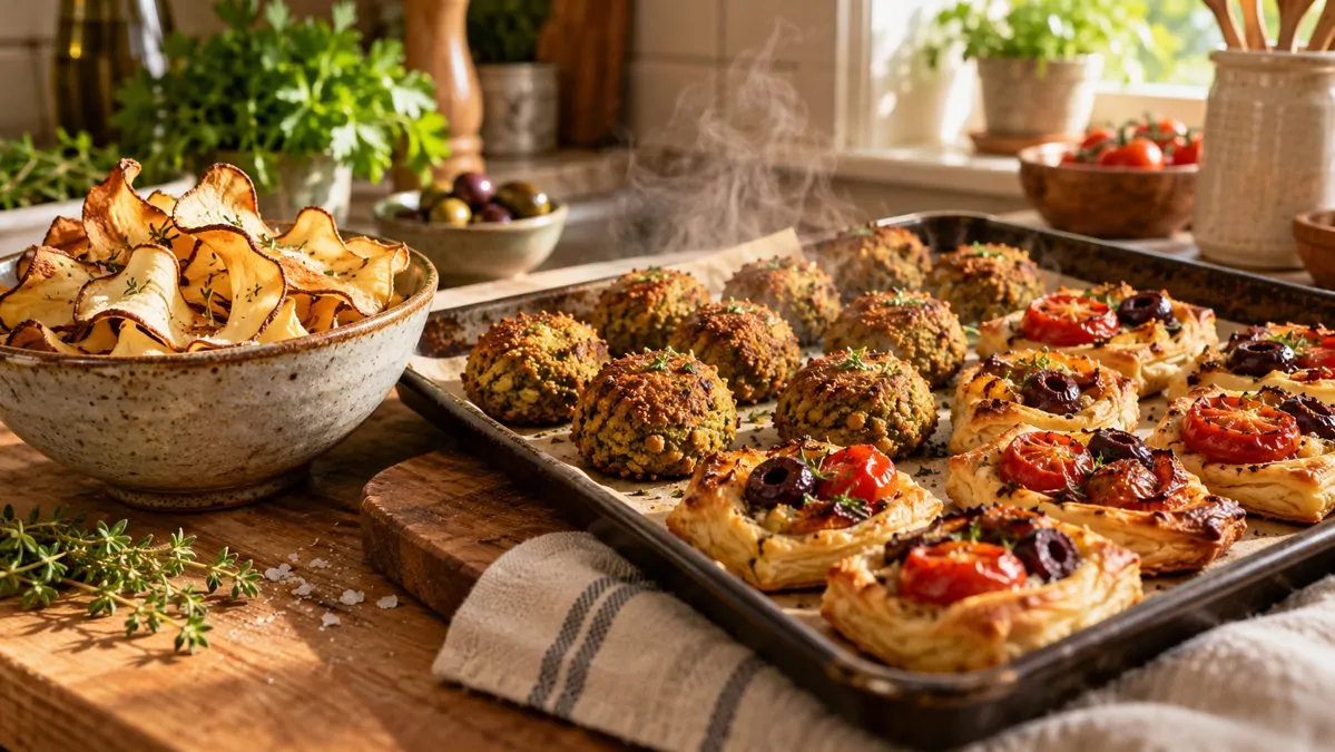 A plate of golden falafels and tomato and olive pastries with a bowl of parsnip chips