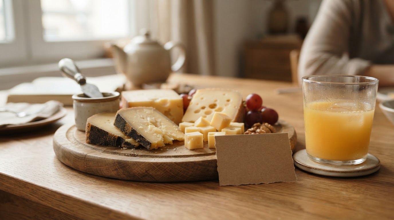 Fromages à pâte pressée cuite pour une invitée enceinte Tranches de fromage à pâte pressée cuite sur une planche avec un verre de jus de fruits
