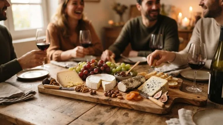 Fromages apéritifs variés sur une planche en bois Planche en bois garnie de fromages variés, raisins et noix pour un apéritif entre amis