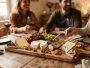 Planche en bois garnie de fromages variés, raisins et noix pour un apéritif entre amis