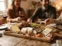 A wooden board laden with various cheeses, grapes, and nuts for an aperitif with friends