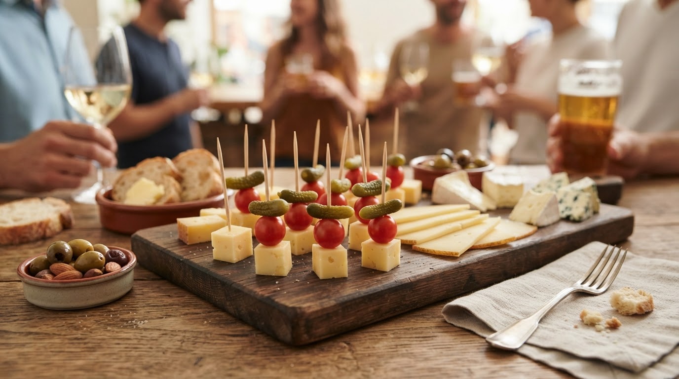 Fromages découpés en cubes et pics pour l'apéro Cubes de fromage sur pics en bois et fines tranches dressés sur une planche d'apéritif