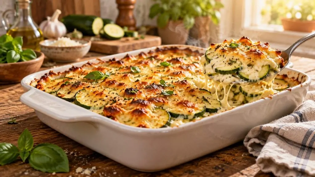 Gratin di zucchine dorate in un piatto bianco, un cucchiaio che solleva una porzione