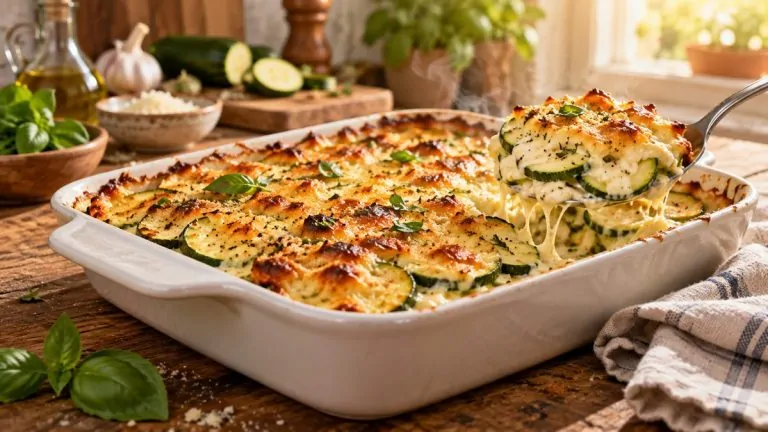 Quick zucchini gratin straight from the oven Golden zucchini gratin in a white dish, a spoon lifting a portion