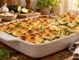 Gratin de courgettes doré dans un plat blanc, une cuillère soulevant une portion