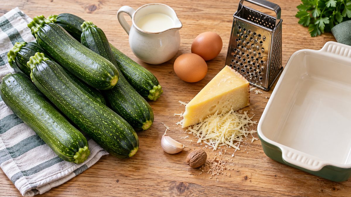 Ingredients for the courgette gratin Fresh courgettes, eggs, Gruyère cheese, cream and a gratin dish placed on a wooden board