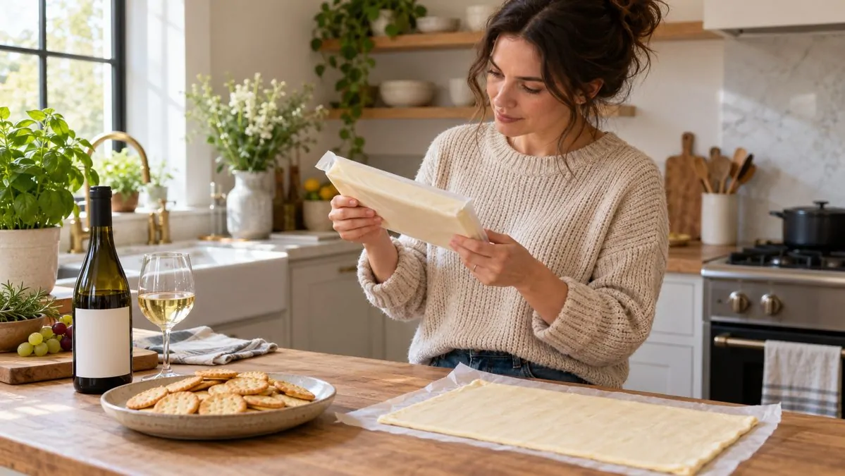 Lire les étiquettes pour un apéritif vegan Femme lisant la liste d'ingrédients d'une pâte feuilletée à côté de crackers et d'une bouteille de vin