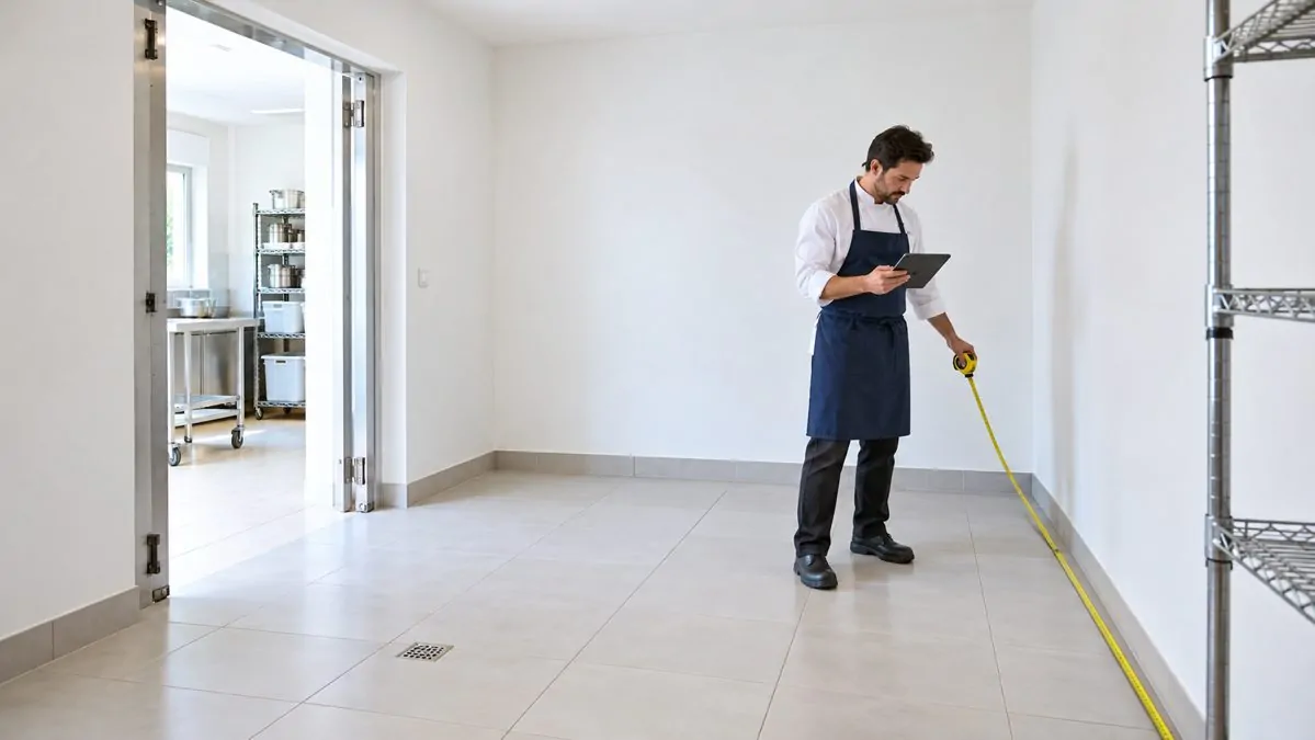 Mesurer un local avant d'installer une chambre froide Restaurateur mesurant une pièce vide et lumineuse avec un mètre ruban pour prévoir l'emplacement d'une chambre froide