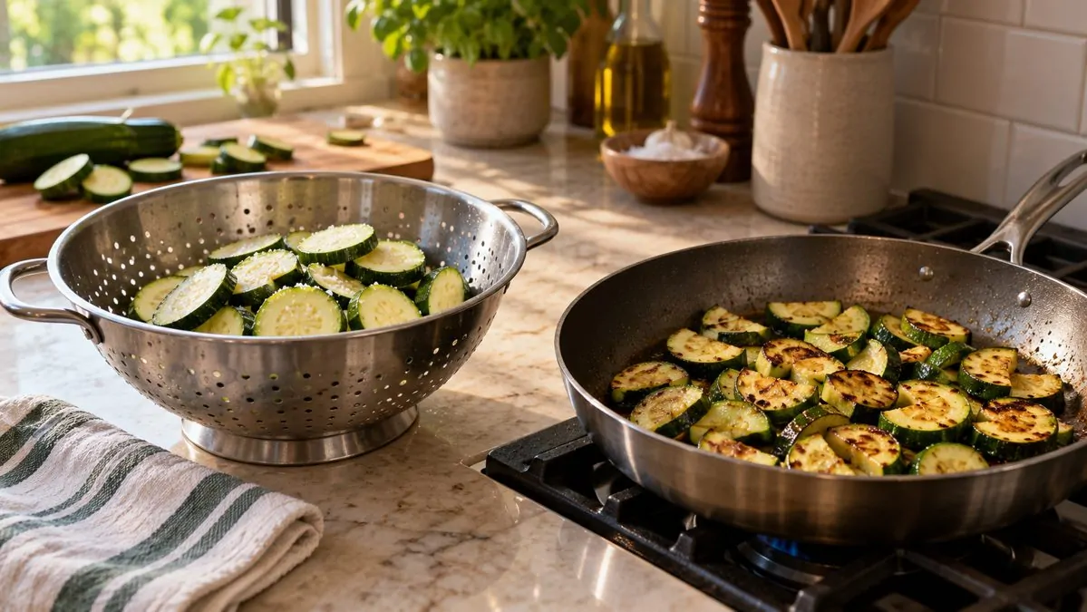 Methods to prevent zucchini from becoming watery Salted zucchini slices in a colander next to a pan where others are browning