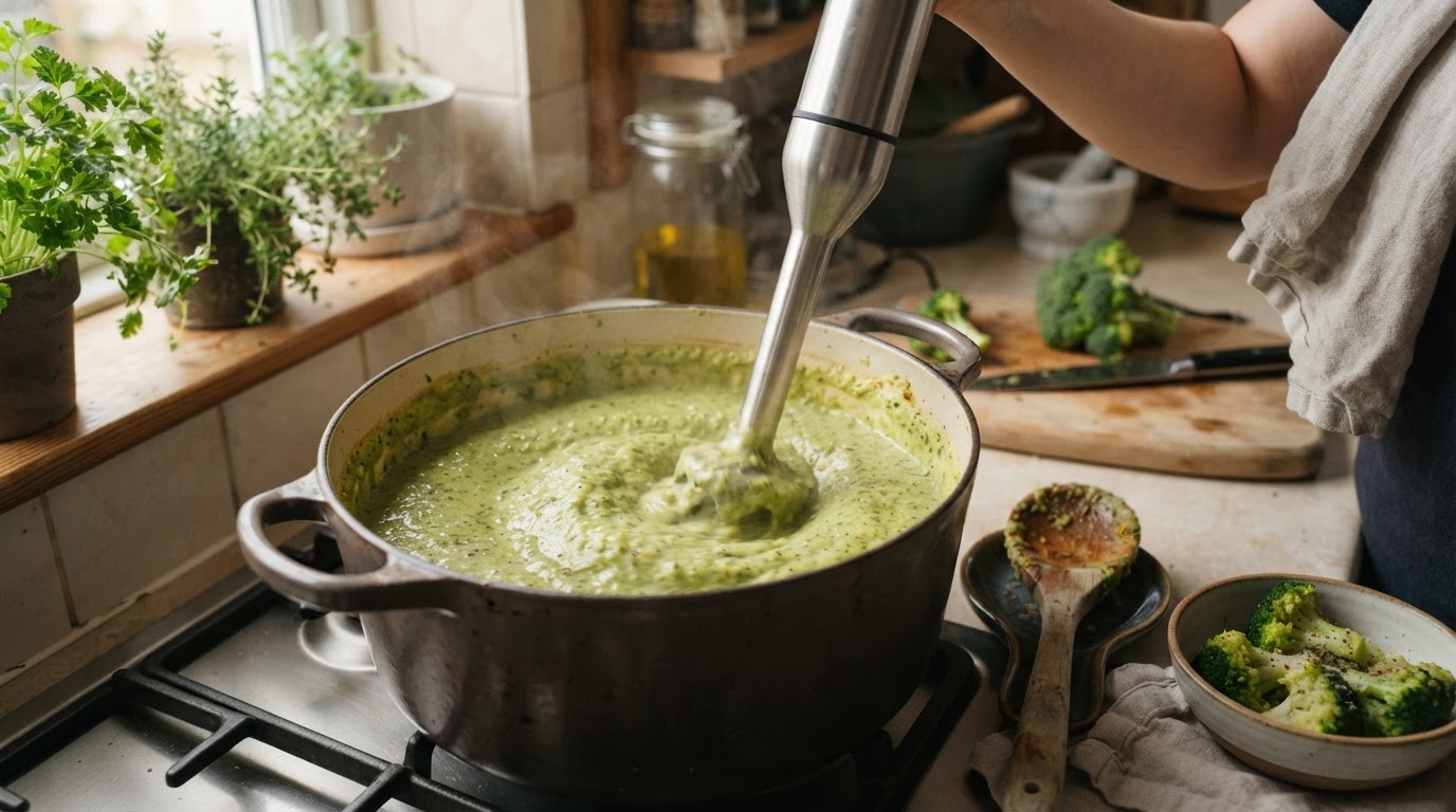 Mixer la purée de brocolis Mixage de la purée de brocolis dans une casserole avec une cuillère en bois