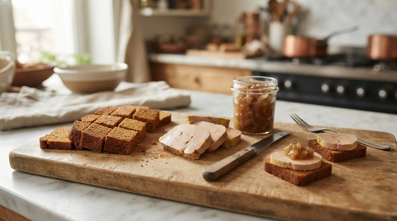 Montage de bouchées pain d'épices et foie gras Carrés de pain d'épices, chutney d'oignons et tranches de foie gras prêts à monter