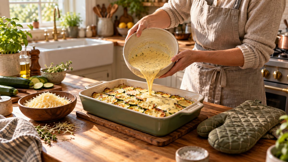 Assembling the courgette gratin Egg and cream mixture poured over pre-cooked courgettes in a gratin dish