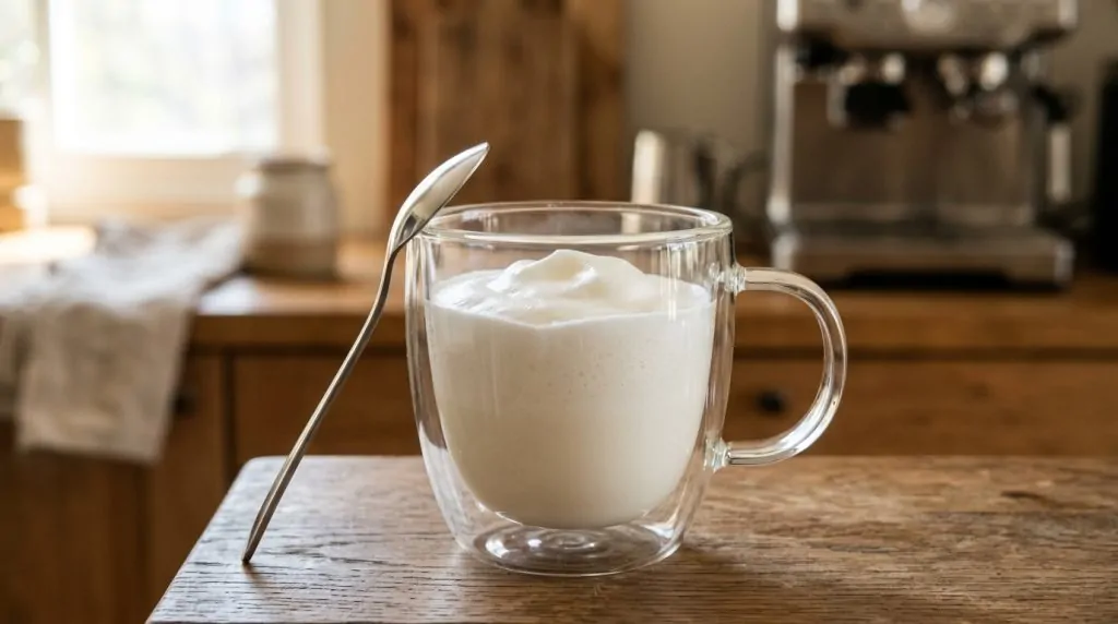 Schiuma di latte liscia in una ciotola
