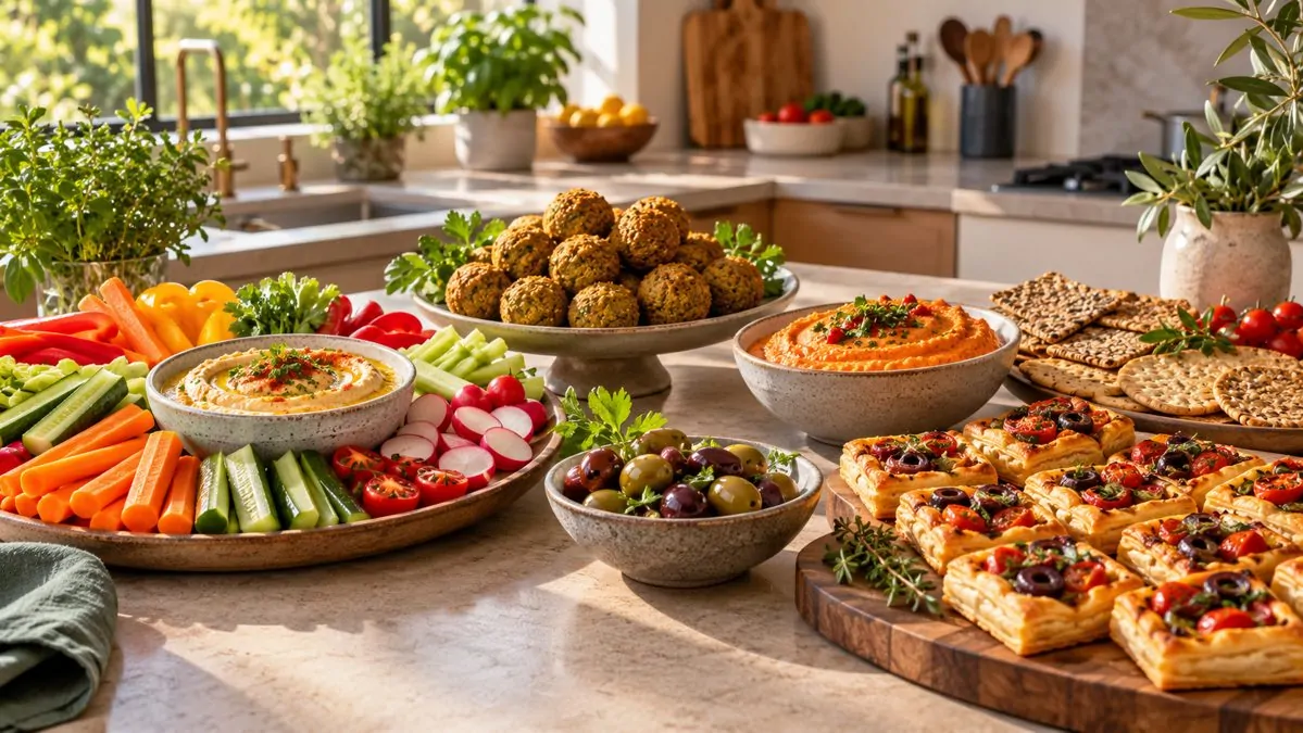 Work surface with raw vegetables, hummus, falafels, pastries and olives ready for guests