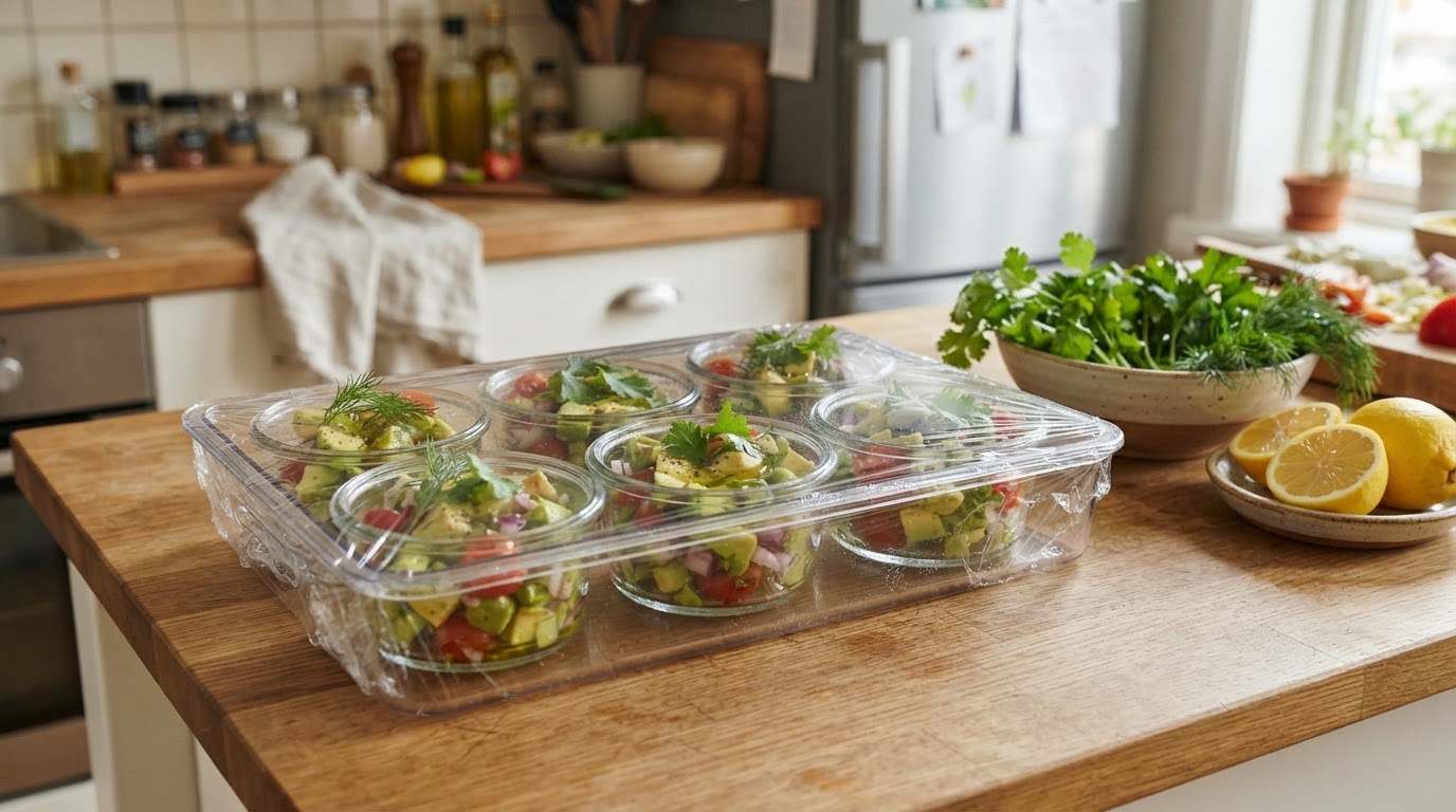 Organiser ses entrées à l'avocat Entrées à l'avocat préparées à l'avance et filmées au réfrigérateur avec citrons et herbes