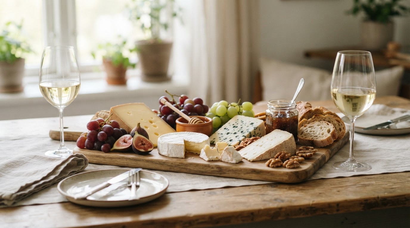 Pains, fruits et vin blanc pour accompagner les fromages Fromages avec pain aux noix, figues, raisins, miel et deux verres de vin blanc