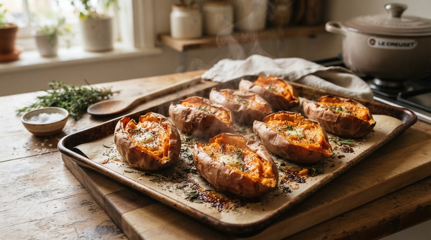 Pieczone w piekarniku słodkie ziemniaki Słodkie ziemniaki pieczone na blasze do pieczenia, przekrojone na pół, z rozpływającym się pomarańczowym miąższem i złotą skórką