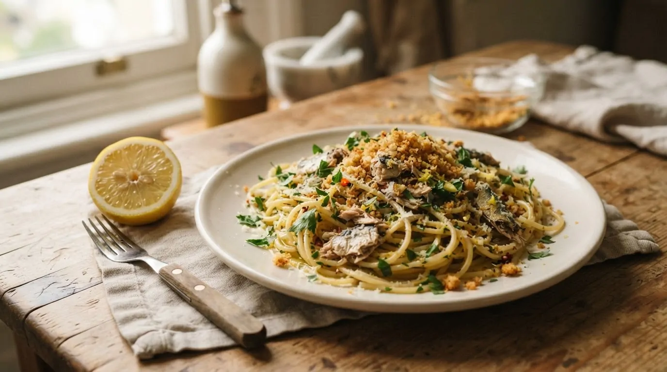 Pâtes aux sardines, citron et chapelure Assiette de spaghetti aux sardines, zeste de citron et chapelure dorée