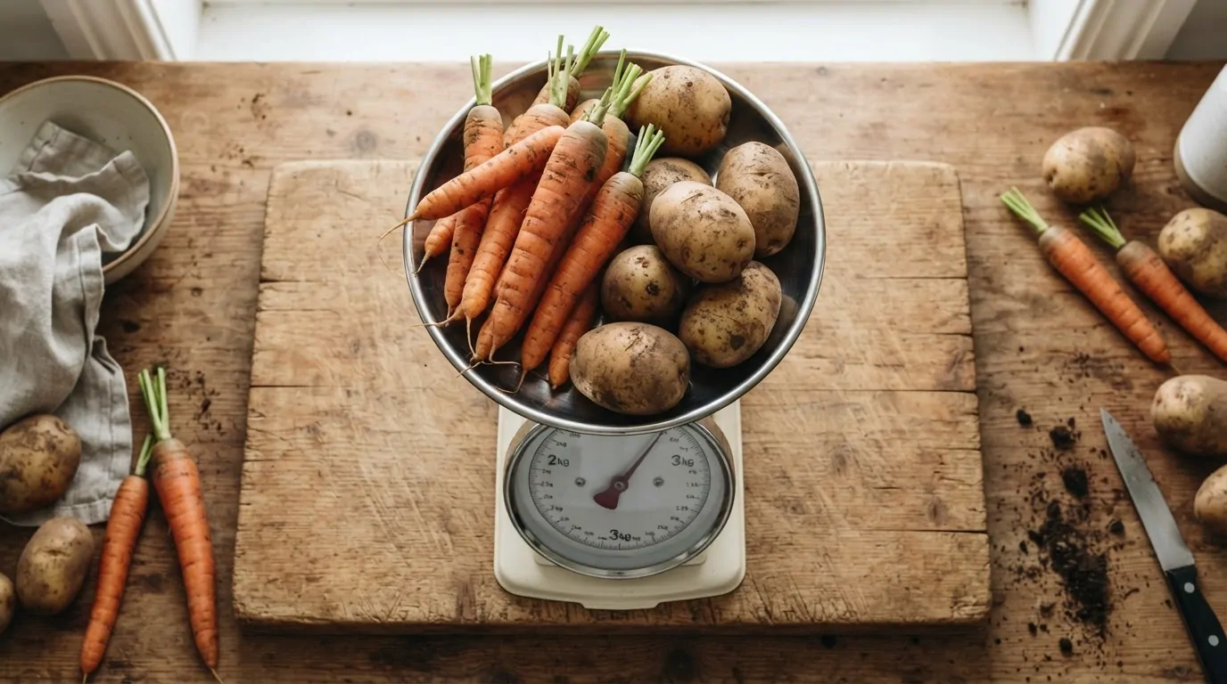 Carottes et pommes de terre pesées sur une planche en bois avant de préparer une purée