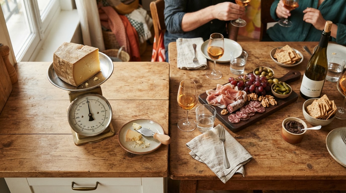 Peser le fromage par personne pour un apéritif Balance de cuisine avec un morceau de fromage devant une table d'apéritif dressée
