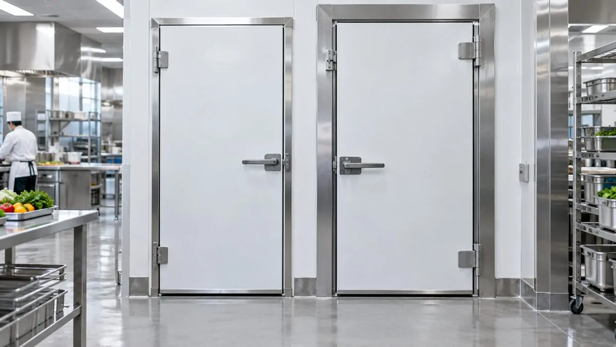 Portes de chambre froide positive et négative en inox Deux portes isolées inox de chambres froides côte à côte dans une cuisine professionnelle propre et moderne